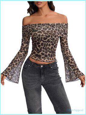 Y2K Cheetah Print Crop Top Off Shoulder Long Sleeve Tee Fall Casual